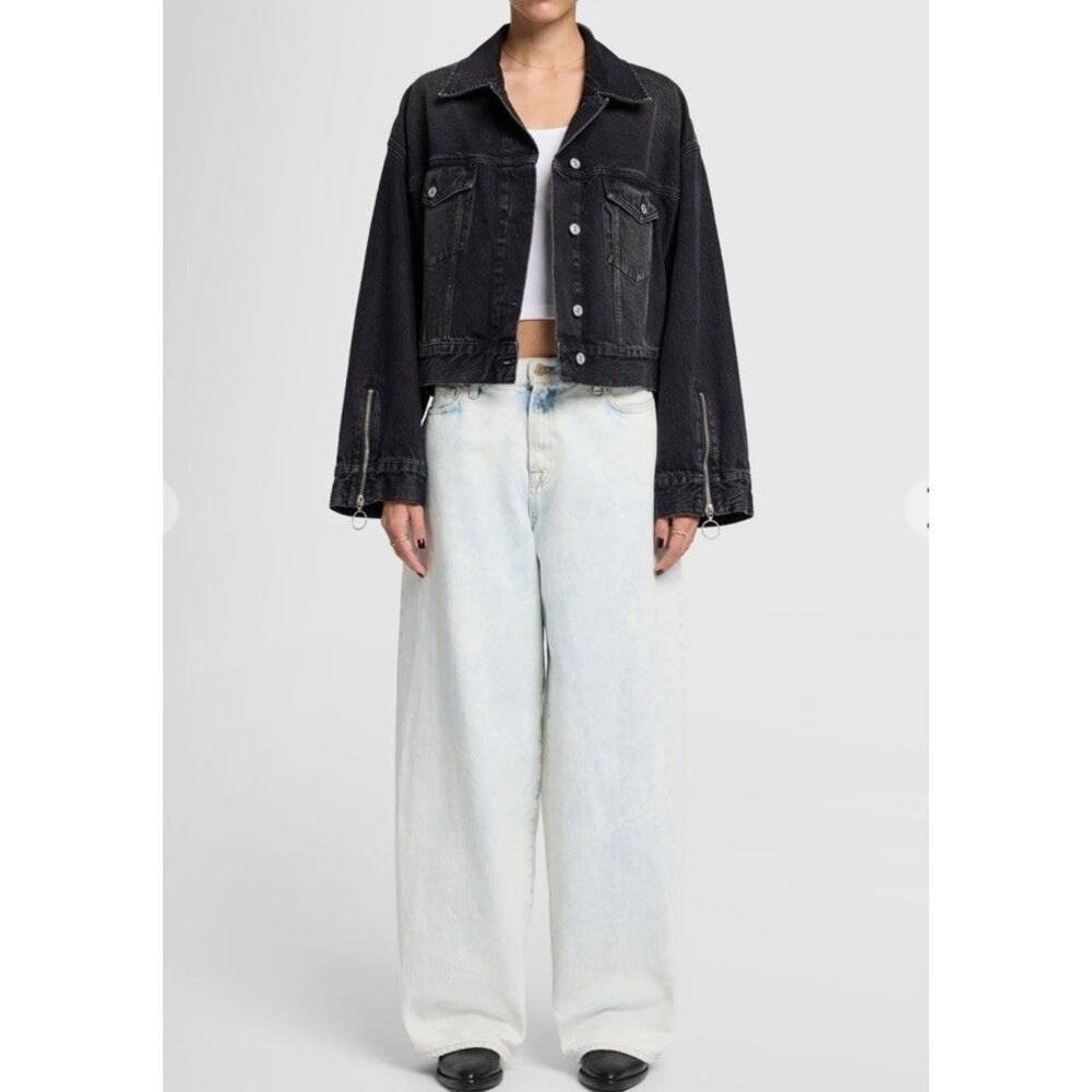 7 For All Mankind M Cropped Black Denim Jacket Zip Detail Luxury $398 - Picture 5 of 11